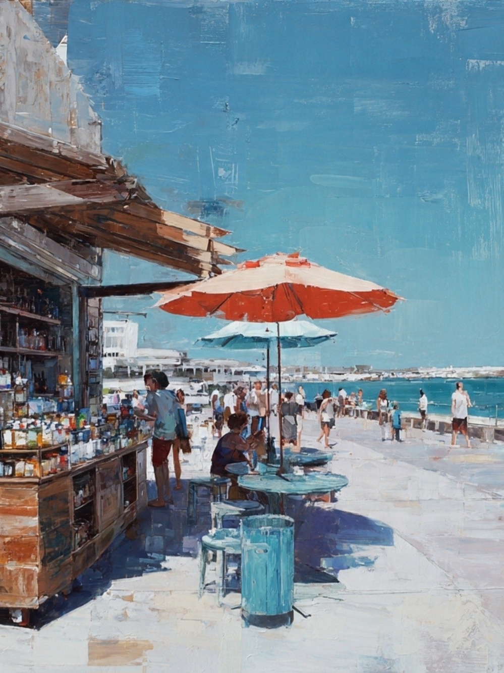 Seaside Cafe Beach Art Print - Blue & Red Umbrella